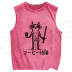 Unisex Vintage Coffee Cat Printed Washed Tank Top