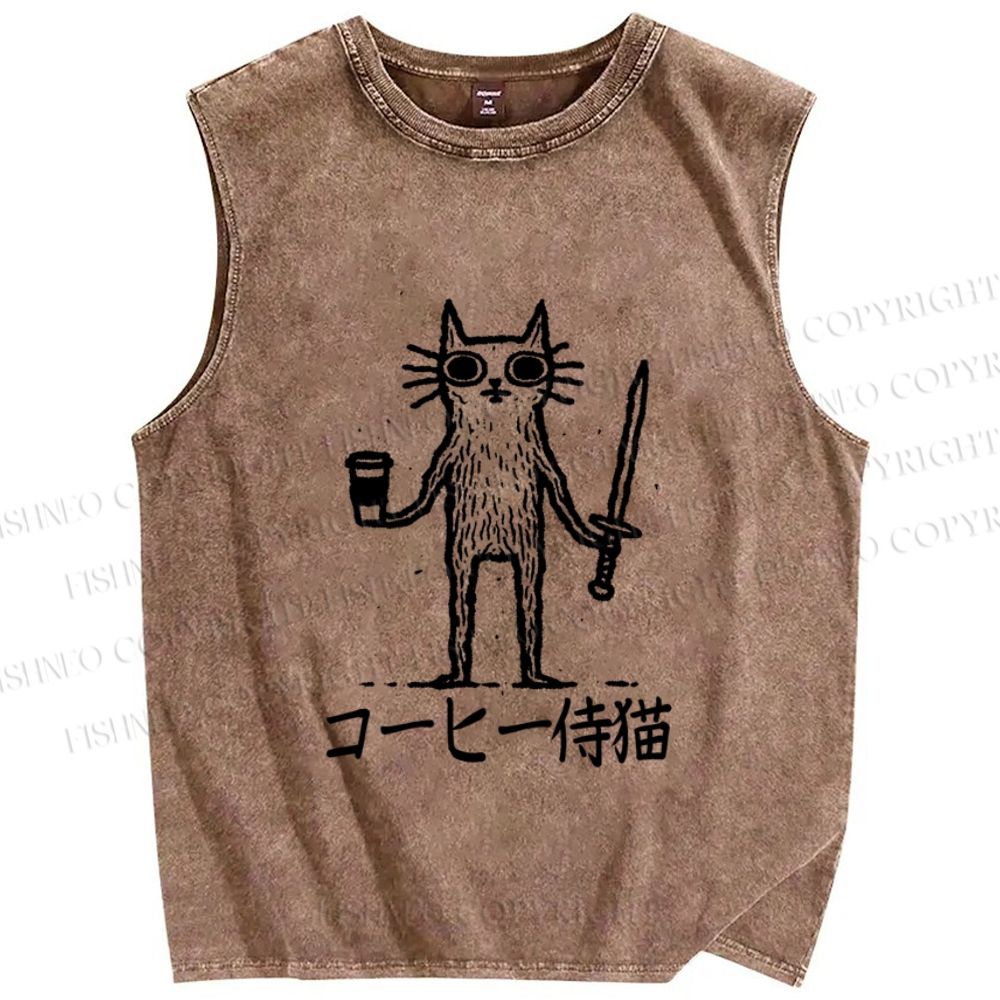 Unisex Vintage Coffee Cat Printed Washed Tank Top