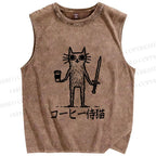 Unisex Vintage Coffee Cat Printed Washed Tank Top