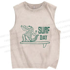 Unisex Crocodile Surf Printed Washed Tank Top
