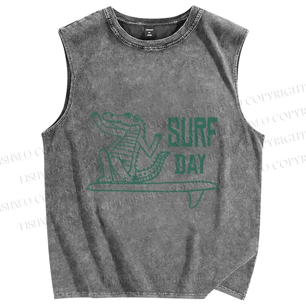 Unisex Crocodile Surf Printed Washed Tank Top