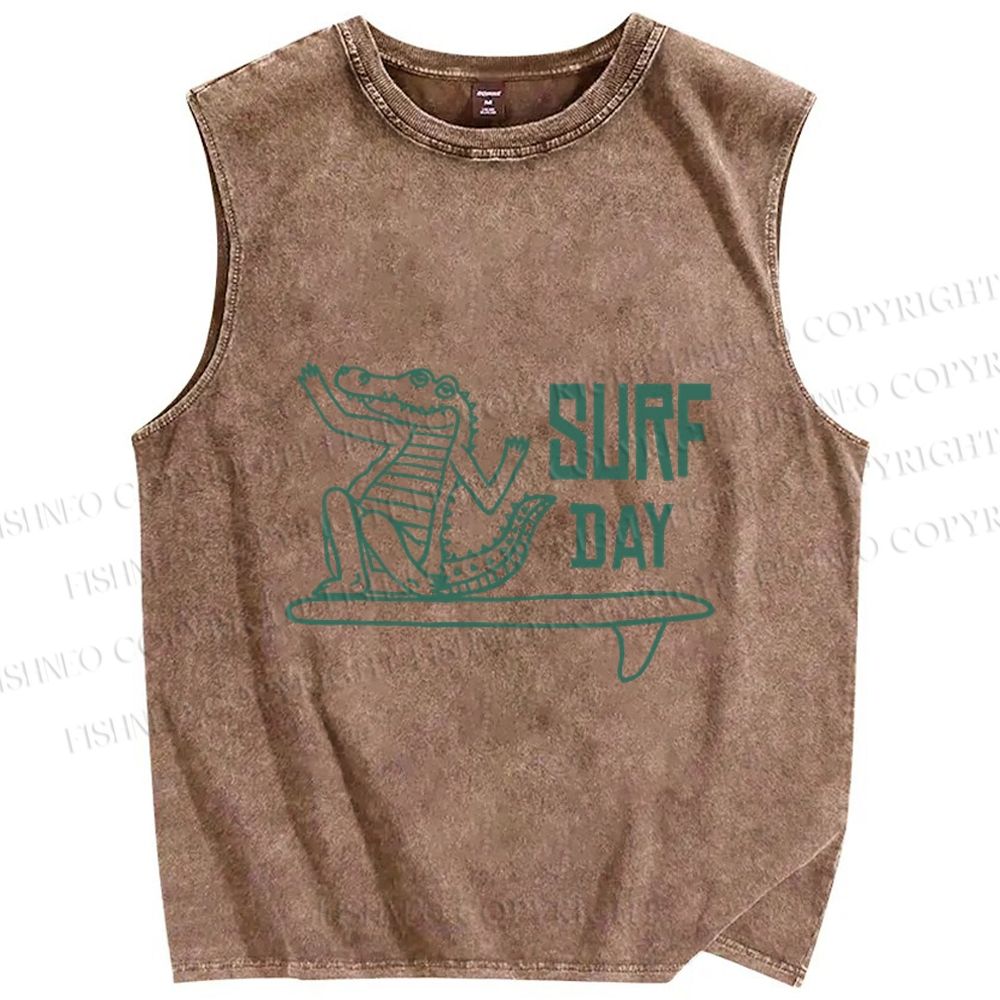 Unisex Crocodile Surf Printed Washed Tank Top