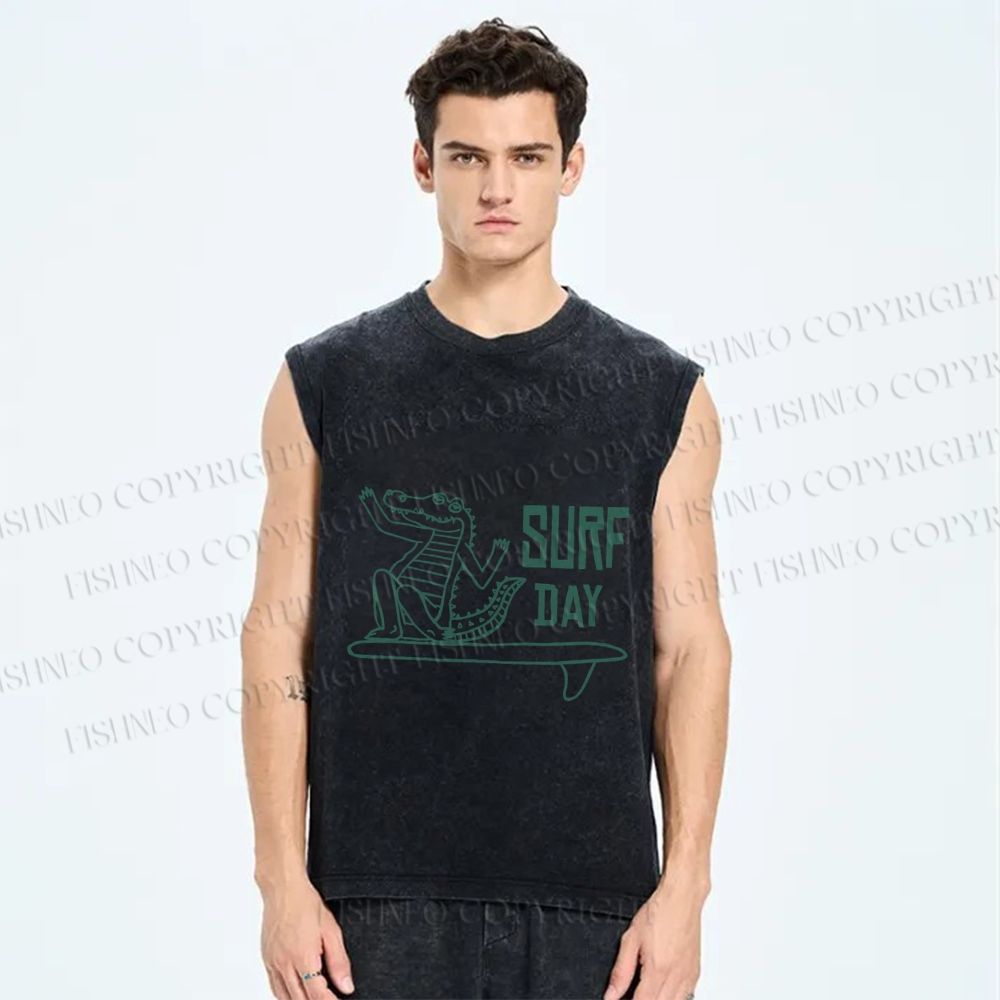 Unisex Crocodile Surf Printed Washed Tank Top