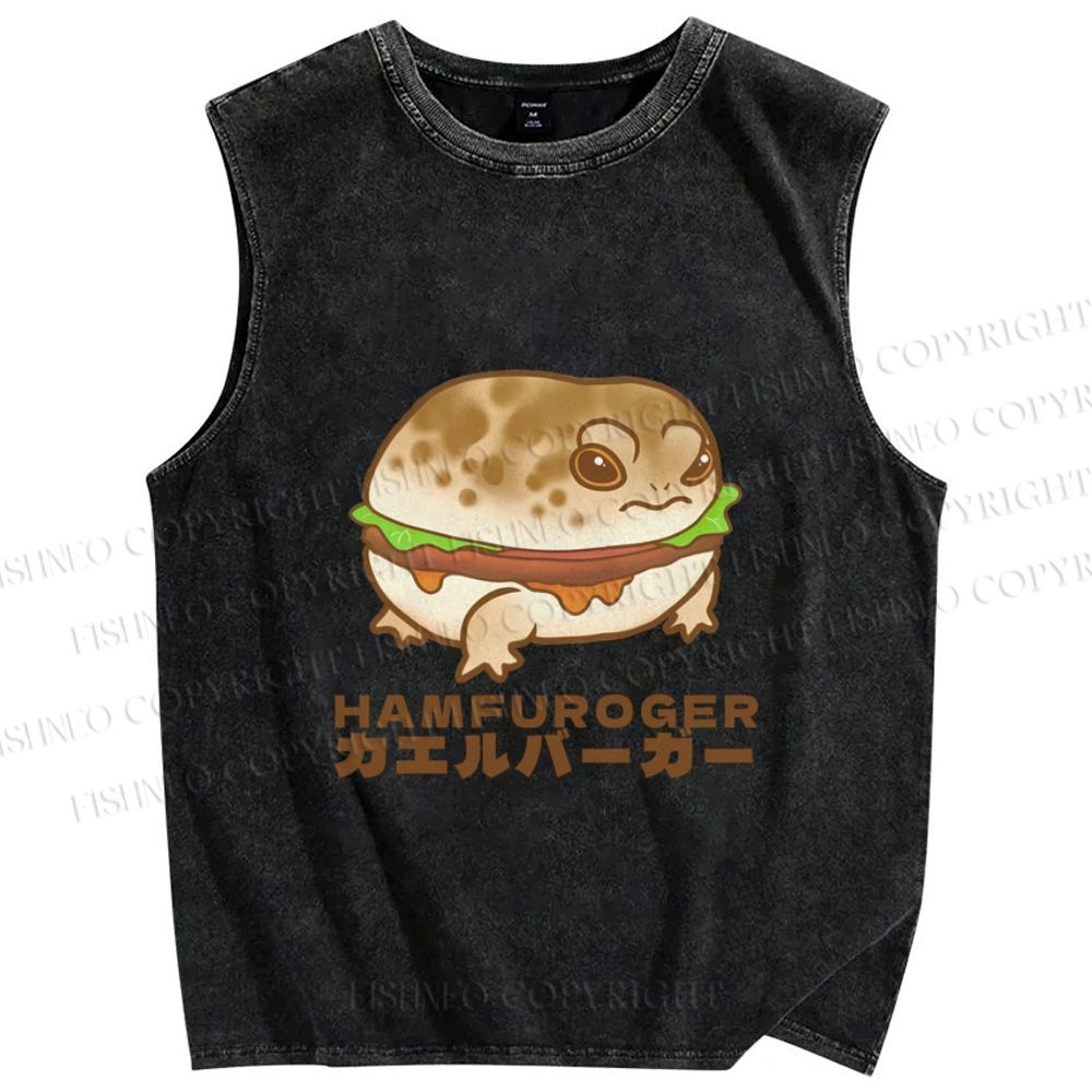 Unisex Japanese Frog Hamburger Printed Washed Tank Top