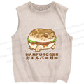 Unisex Japanese Frog Hamburger Printed Washed Tank Top