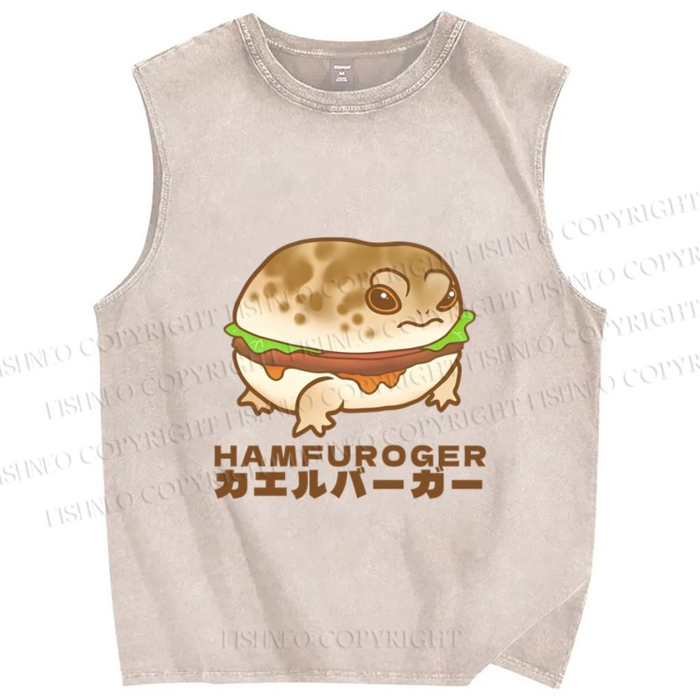 Unisex Japanese Frog Hamburger Printed Washed Tank Top