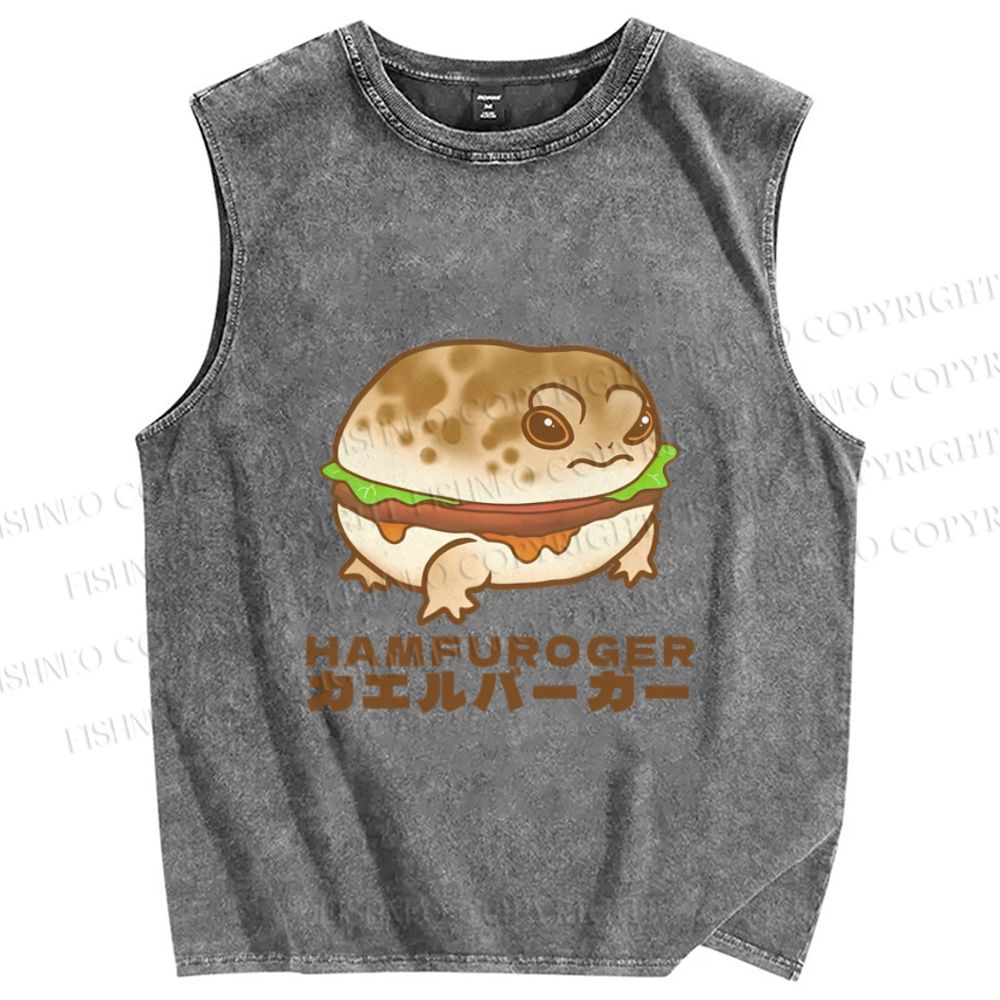 Unisex Japanese Frog Hamburger Printed Washed Tank Top