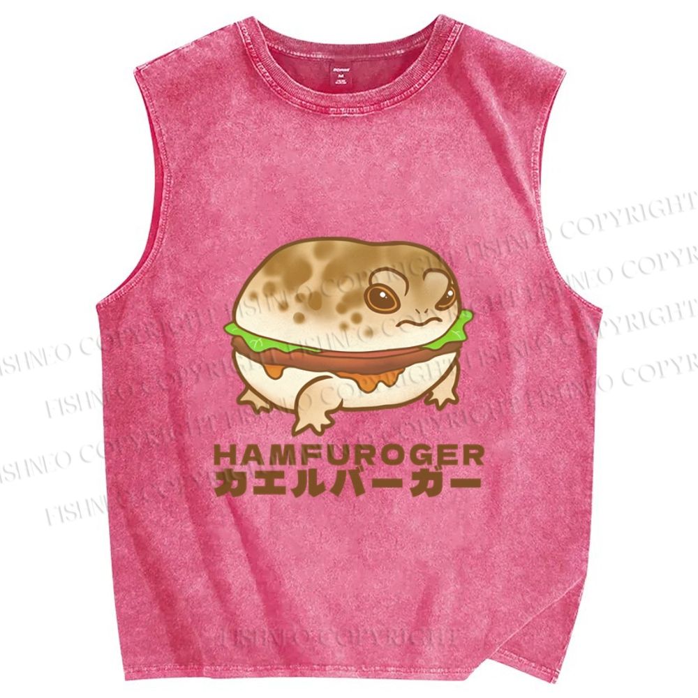 Unisex Japanese Frog Hamburger Printed Washed Tank Top