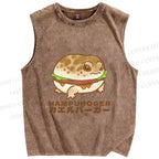 Unisex Japanese Frog Hamburger Printed Washed Tank Top