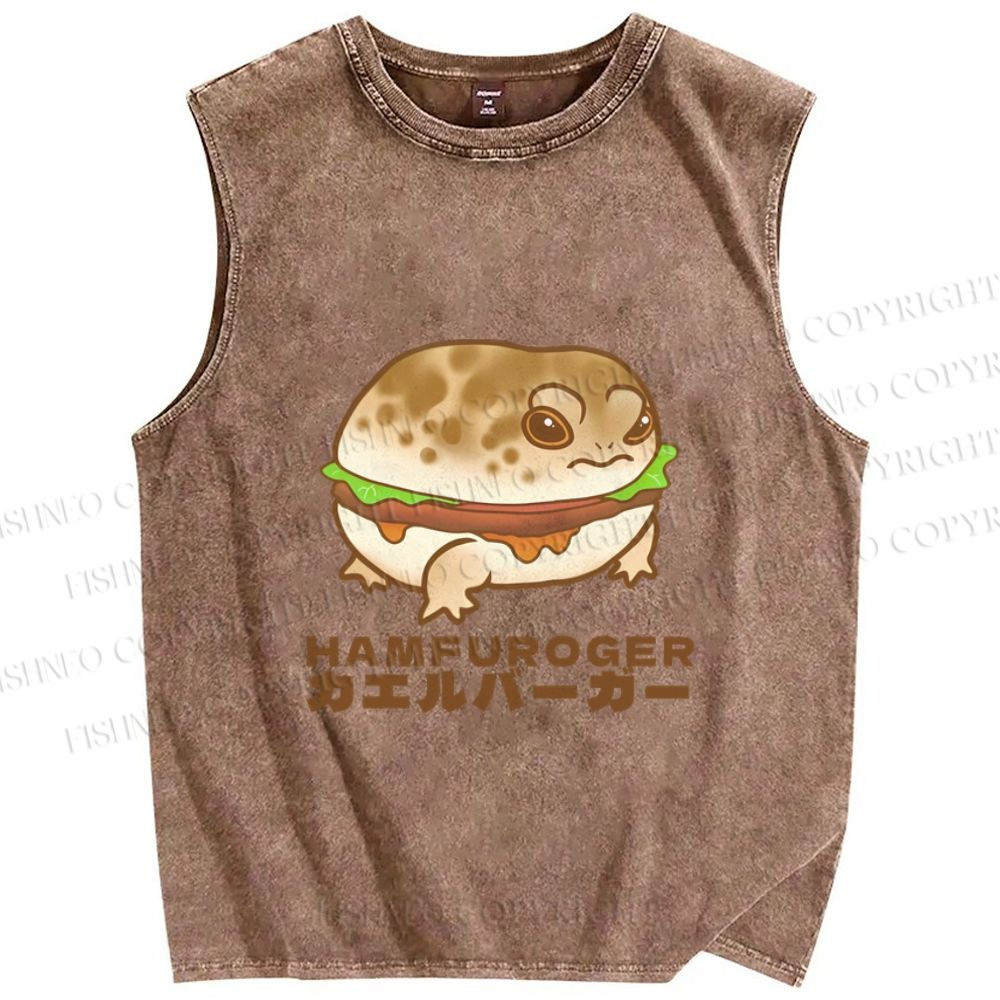 Unisex Japanese Frog Hamburger Printed Washed Tank Top
