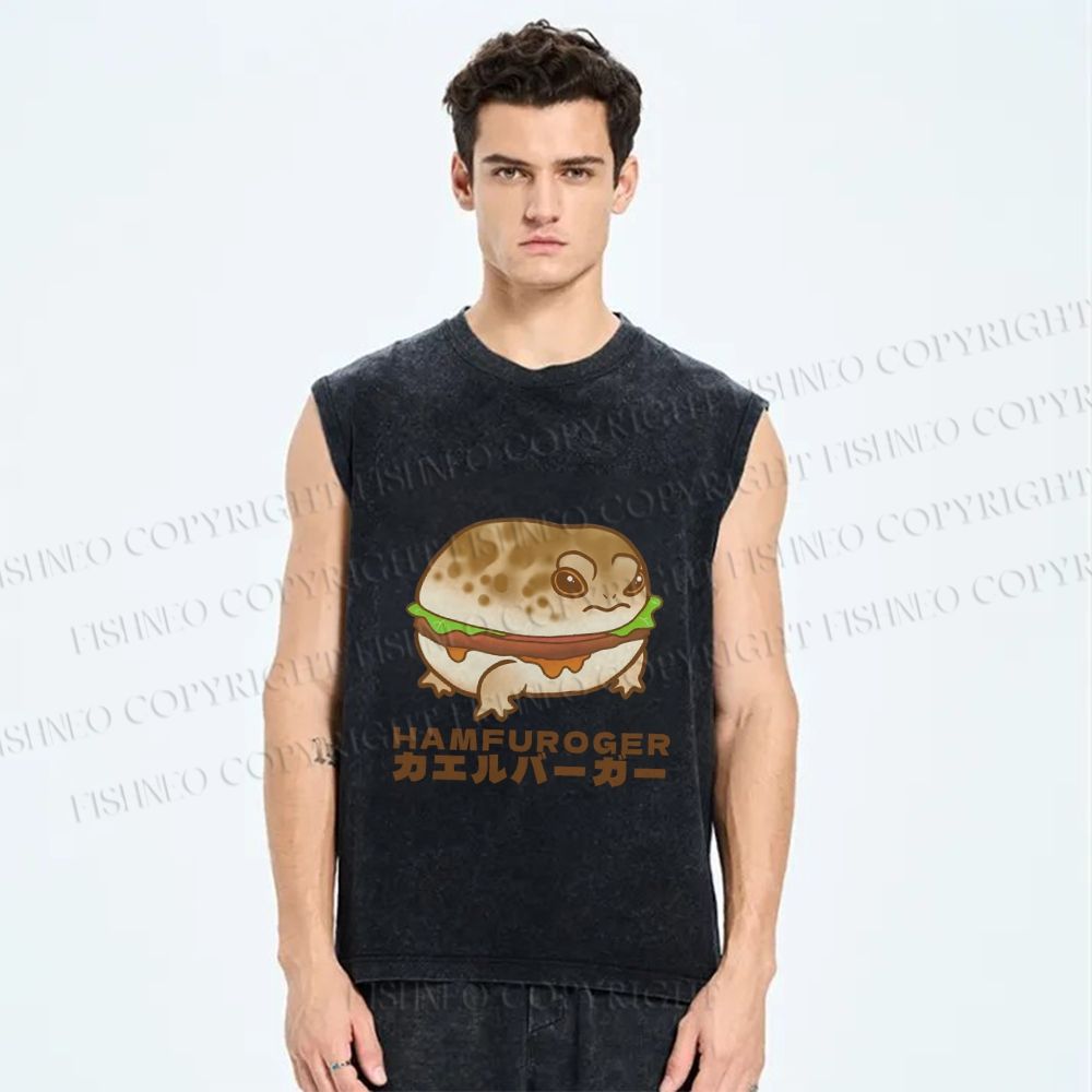 Unisex Japanese Frog Hamburger Printed Washed Tank Top