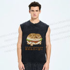 Unisex Japanese Frog Hamburger Printed Washed Tank Top
