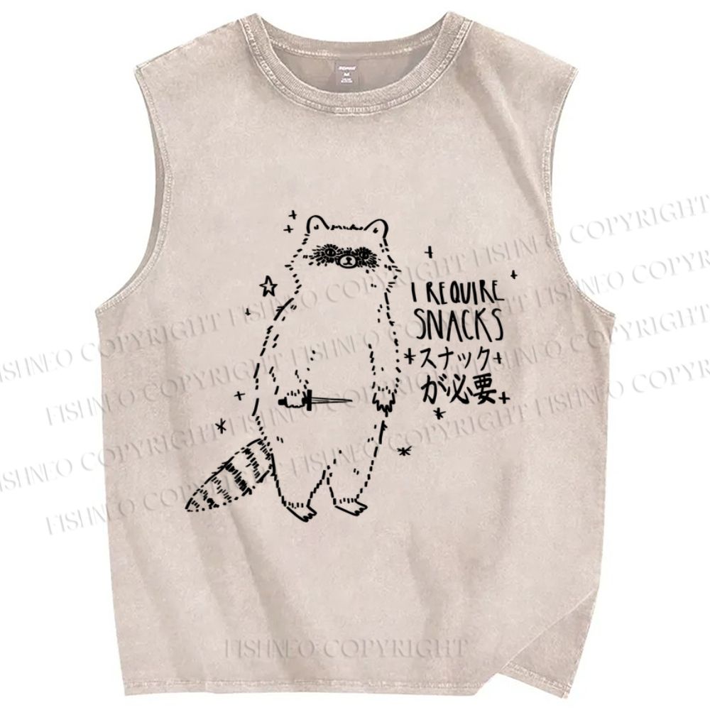Unisex Raccoon Require Snacks Printed Washed Tank Top