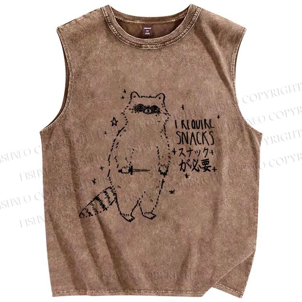 Unisex Raccoon Require Snacks Printed Washed Tank Top