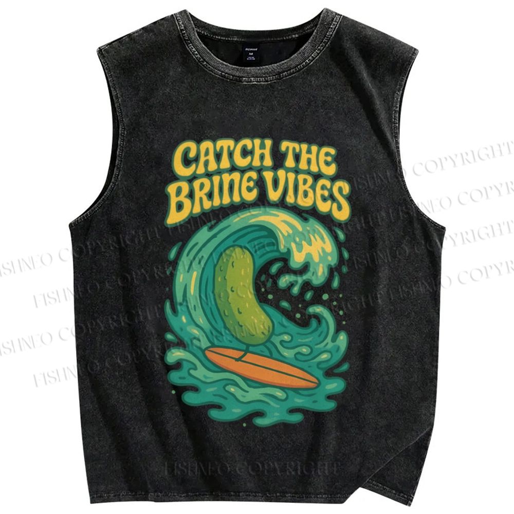 Unisex Pickled cucumber Surf Wave Printed Washed Tank Top