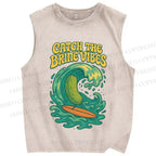 Unisex Pickled cucumber Surf Wave Printed Washed Tank Top