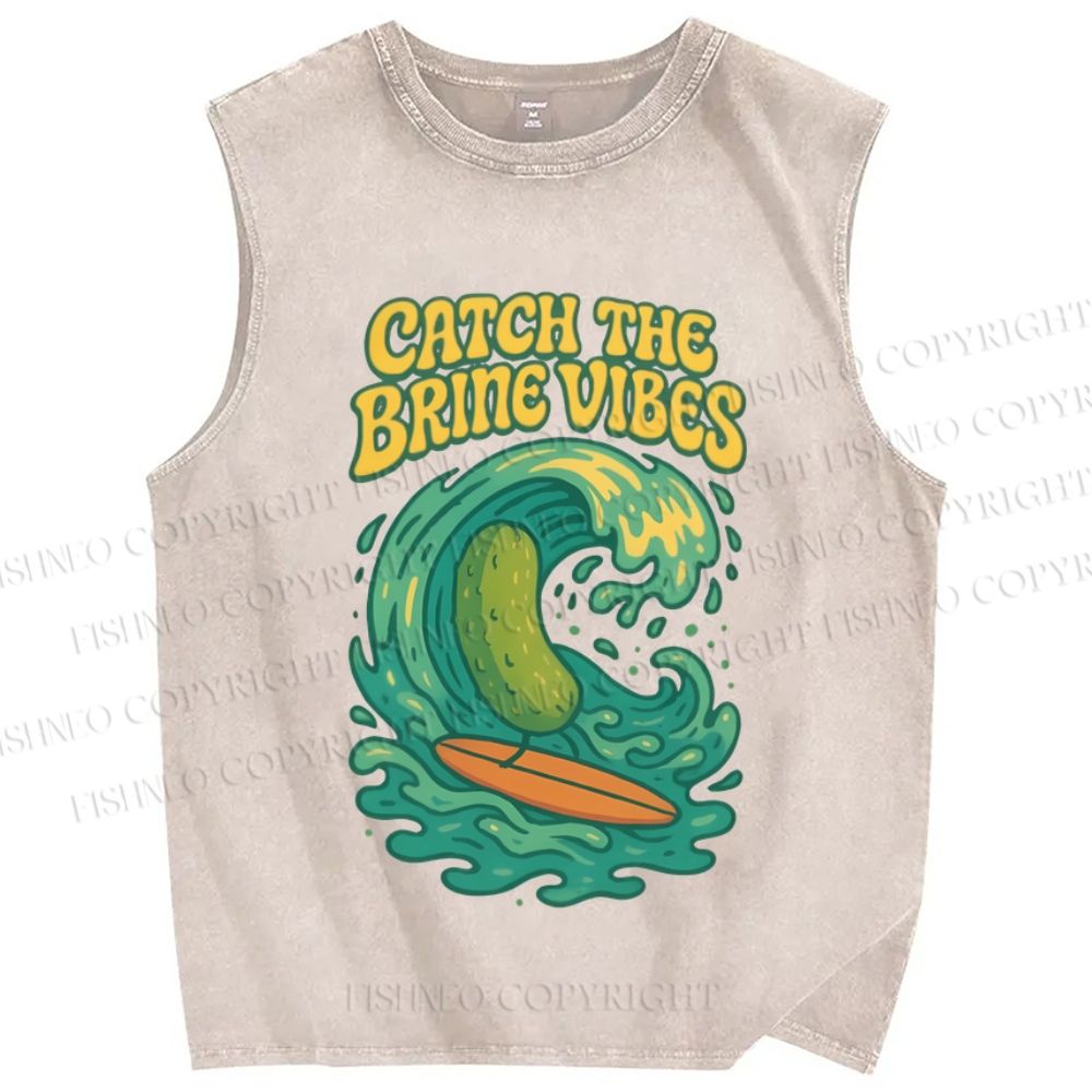 Unisex Pickled cucumber Surf Wave Printed Washed Tank Top