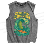 Unisex Pickled cucumber Surf Wave Printed Washed Tank Top