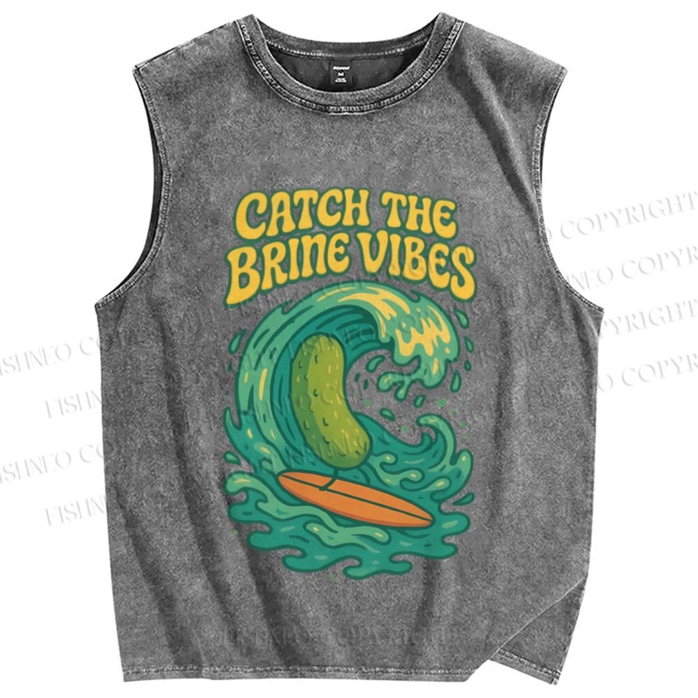 Unisex Pickled cucumber Surf Wave Printed Washed Tank Top
