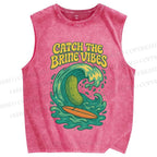 Unisex Pickled cucumber Surf Wave Printed Washed Tank Top