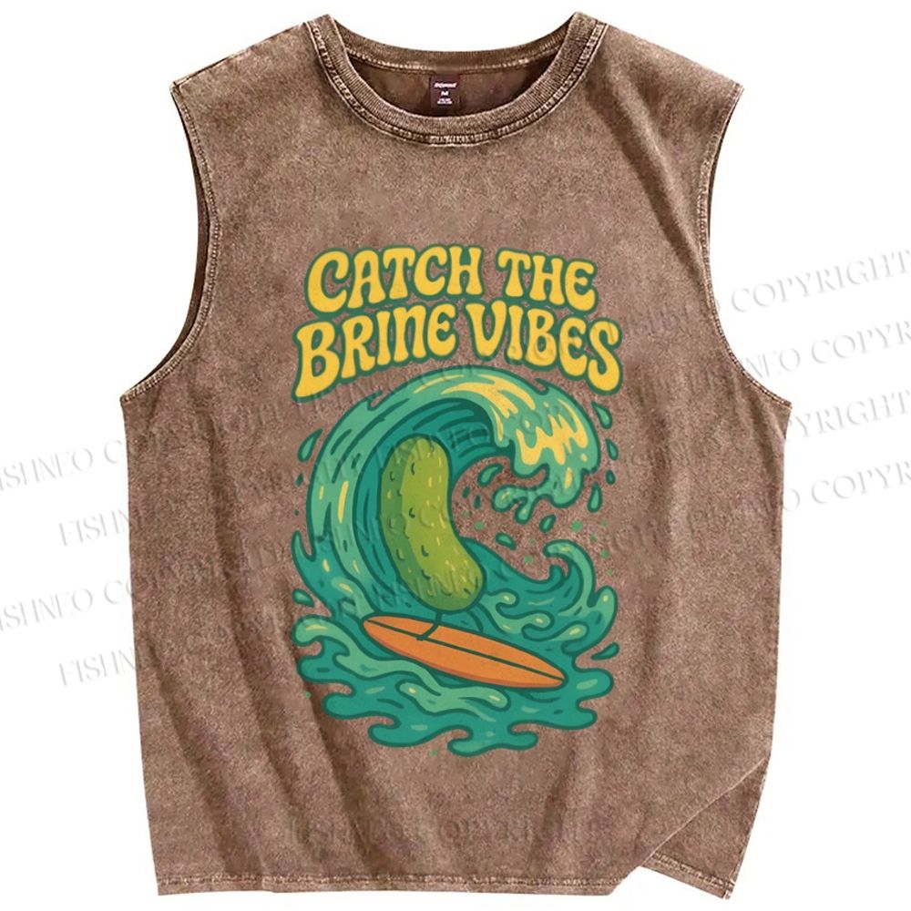 Unisex Pickled cucumber Surf Wave Printed Washed Tank Top