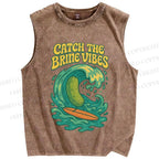 Unisex Pickled cucumber Surf Wave Printed Washed Tank Top