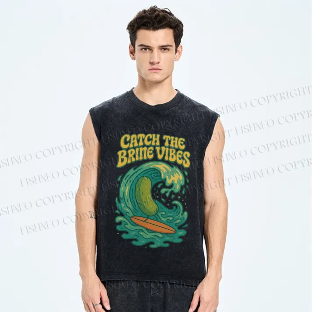 Unisex Pickled cucumber Surf Wave Printed Washed Tank Top