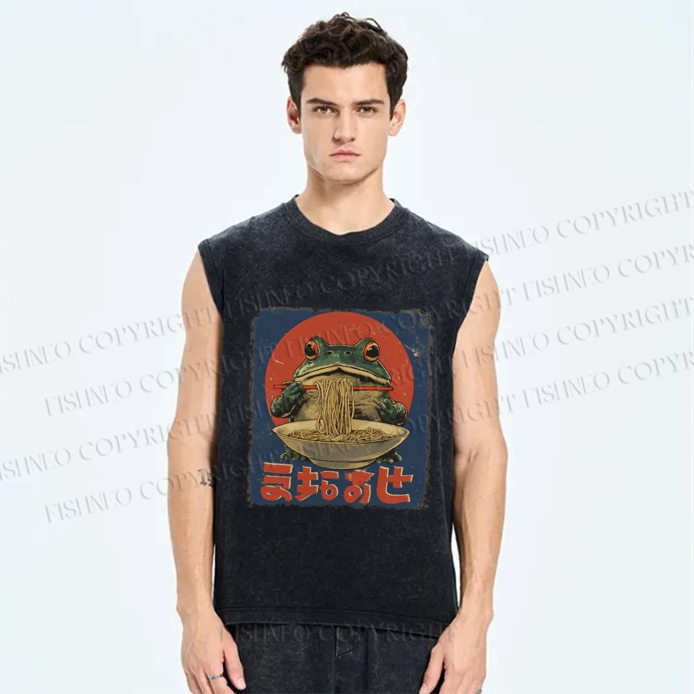 Unisex Ramen Frog Printed Washed Tank Top