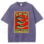 Unisex Vintage Fish Printed Washed Tee