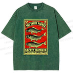 Unisex Vintage Fish Printed Washed Tee