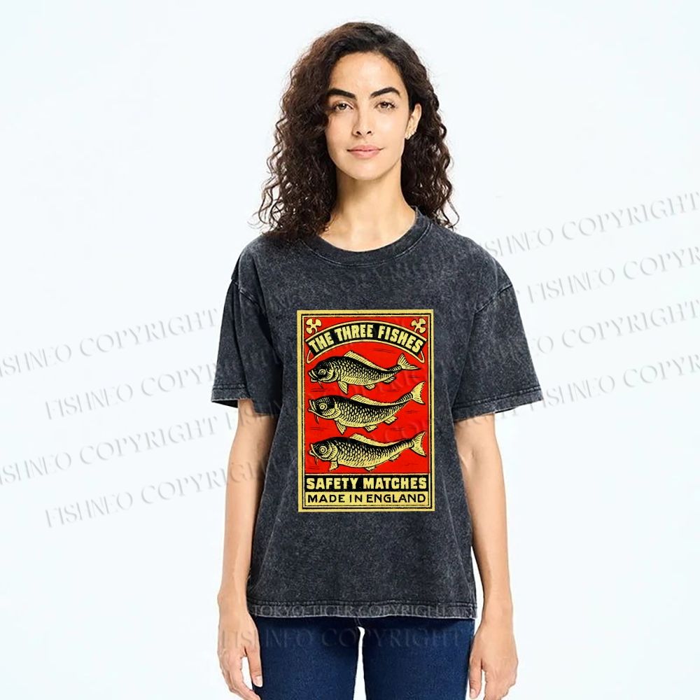Unisex Vintage Fish Printed Washed Tee