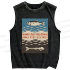 Unisex Vintage Fish Printed Washed Tank Top
