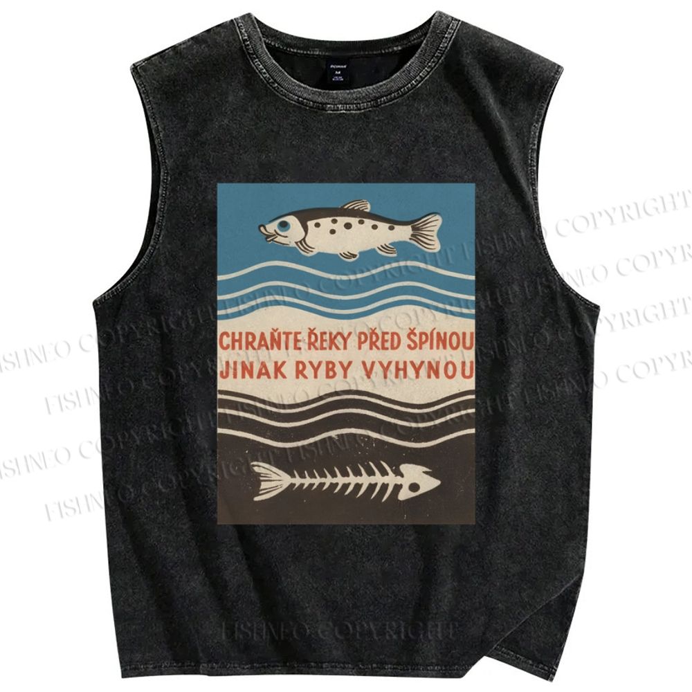 Unisex Vintage Fish Printed Washed Tank Top