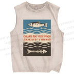Unisex Vintage Fish Printed Washed Tank Top