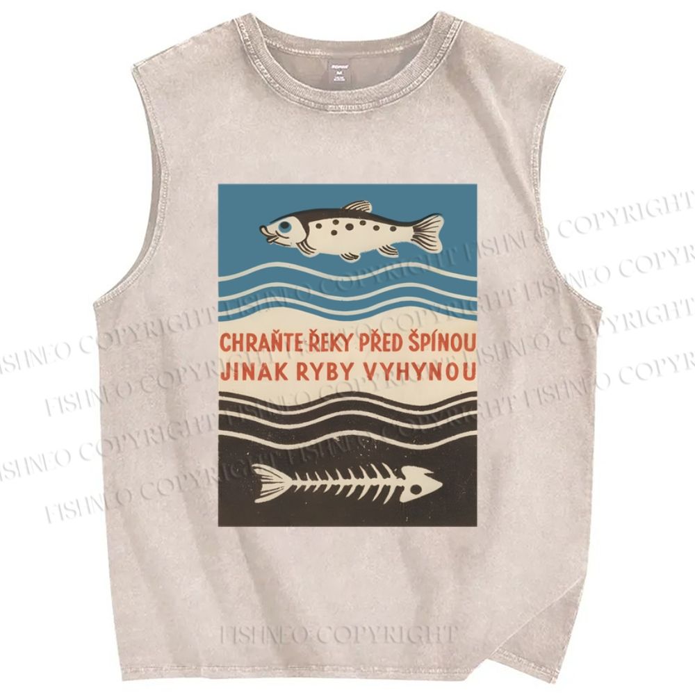 Unisex Vintage Fish Printed Washed Tank Top