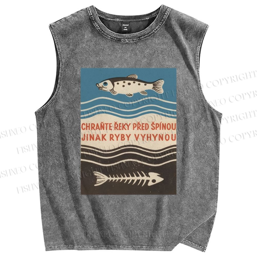 Unisex Vintage Fish Printed Washed Tank Top