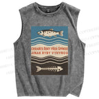 Unisex Vintage Fish Printed Washed Tank Top