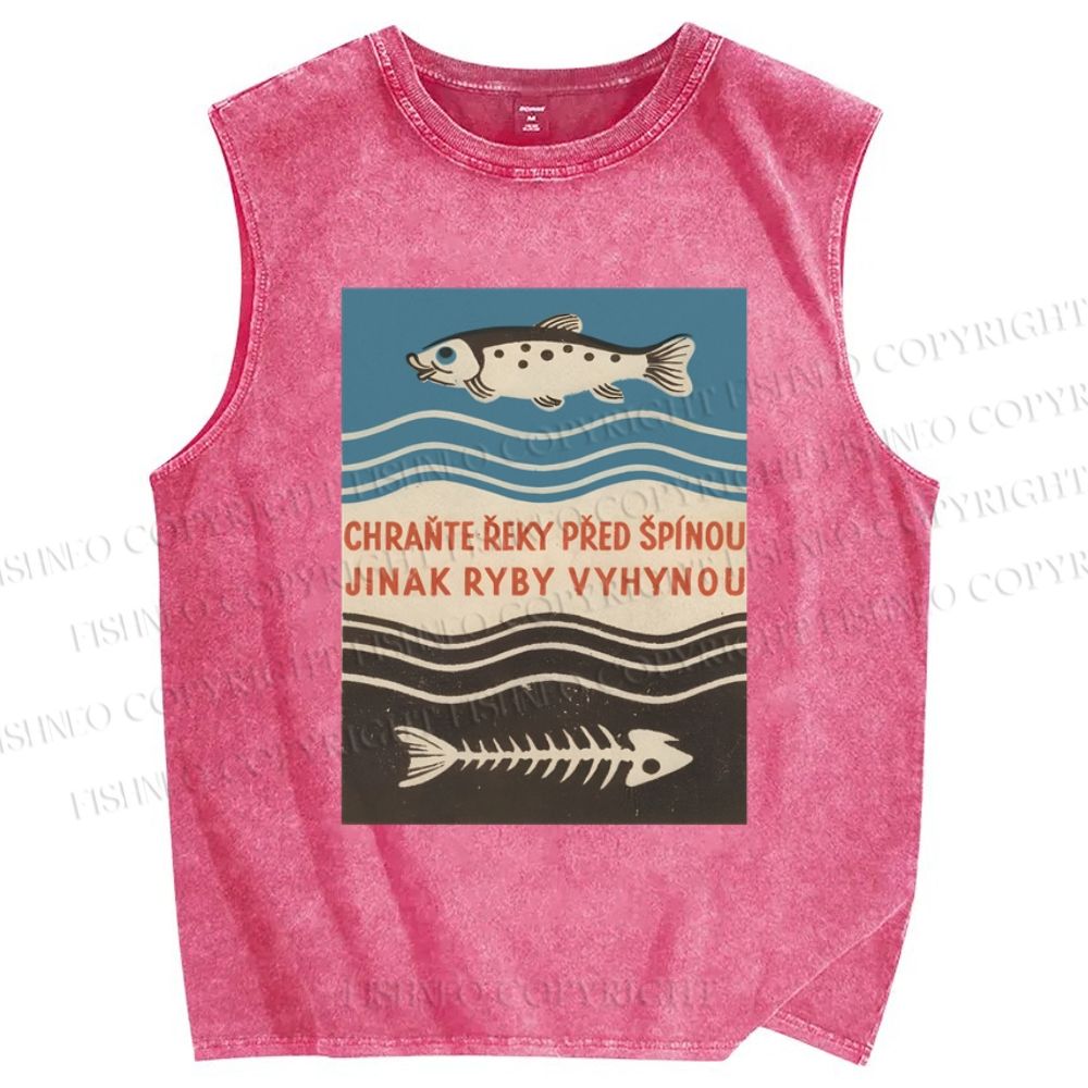 Unisex Vintage Fish Printed Washed Tank Top