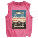 Unisex Vintage Fish Printed Washed Tank Top