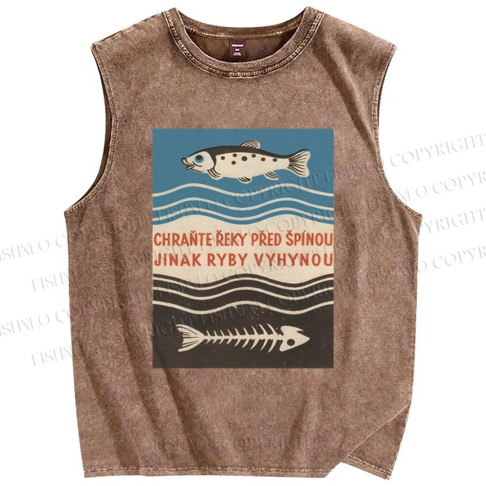 Unisex Vintage Fish Printed Washed Tank Top