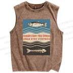 Unisex Vintage Fish Printed Washed Tank Top
