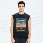 Unisex Vintage Fish Printed Washed Tank Top