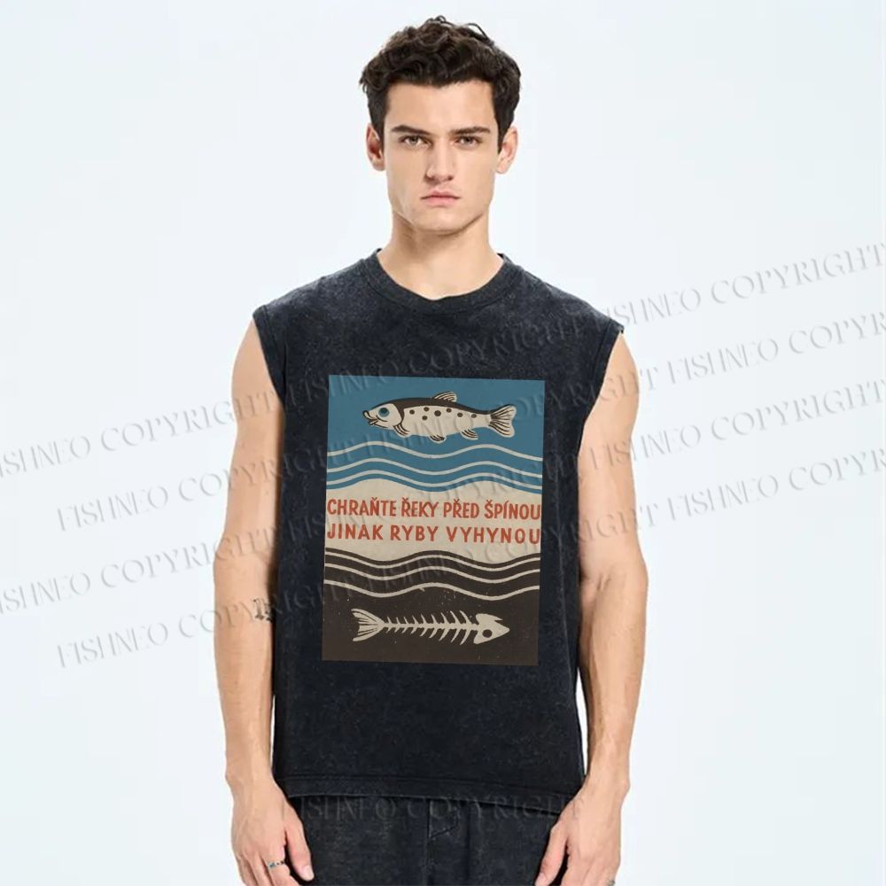 Unisex Vintage Fish Printed Washed Tank Top