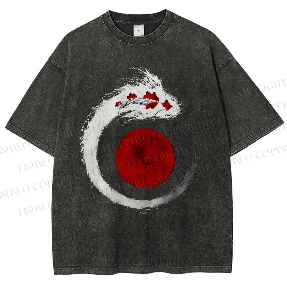 Unisex Japanese Vintage Koi Printed Washed Tee