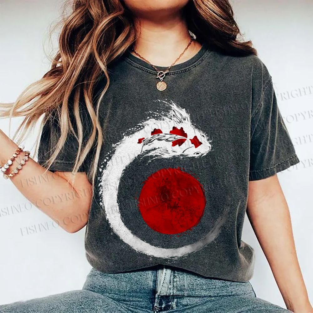 Unisex Japanese Vintage Koi Printed Washed Tee