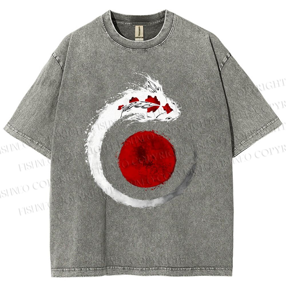 Unisex Japanese Vintage Koi Printed Washed Tee