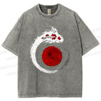 Unisex Japanese Vintage Koi Printed Washed Tee