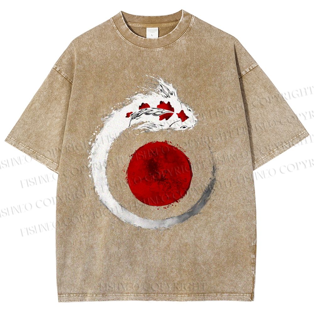 Unisex Japanese Vintage Koi Printed Washed Tee
