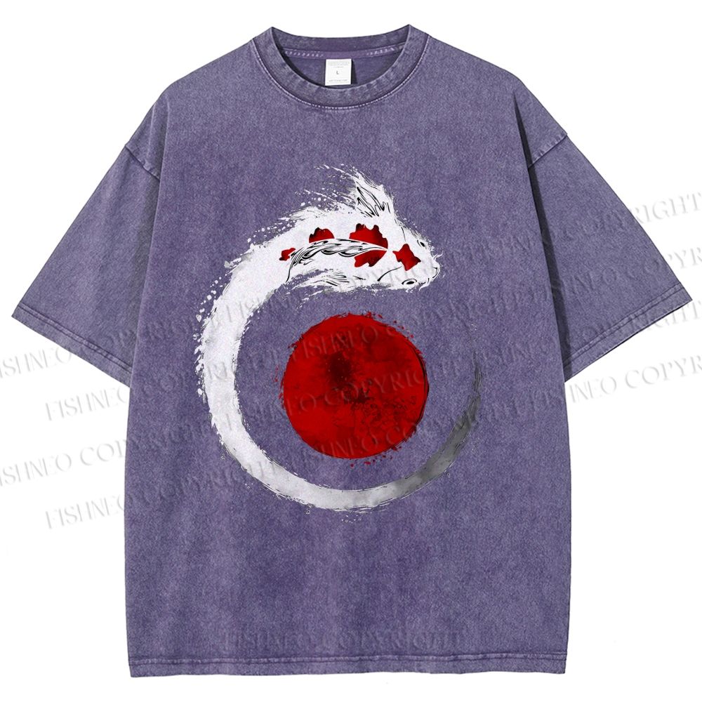 Unisex Japanese Vintage Koi Printed Washed Tee