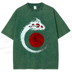 Unisex Japanese Vintage Koi Printed Washed Tee